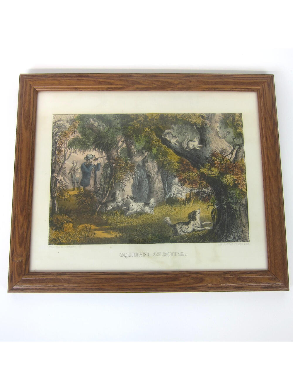 Currier & Ives Hand Colored Lithograph Print Squirrel Shooting Framed c 1873